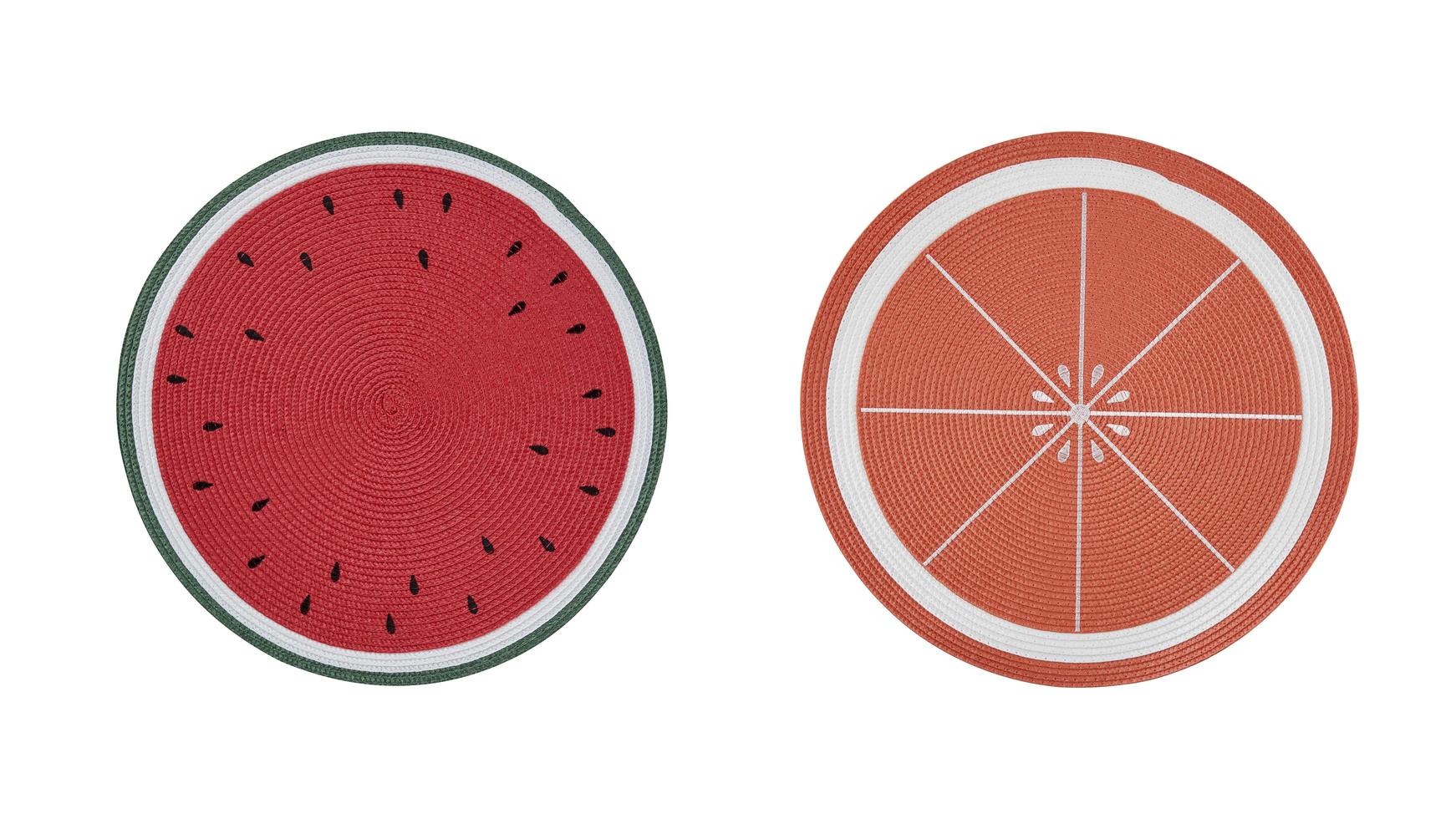 Placemat, table, water glass, watermelon and orange shape, circle isolated on white background with clipping path photo