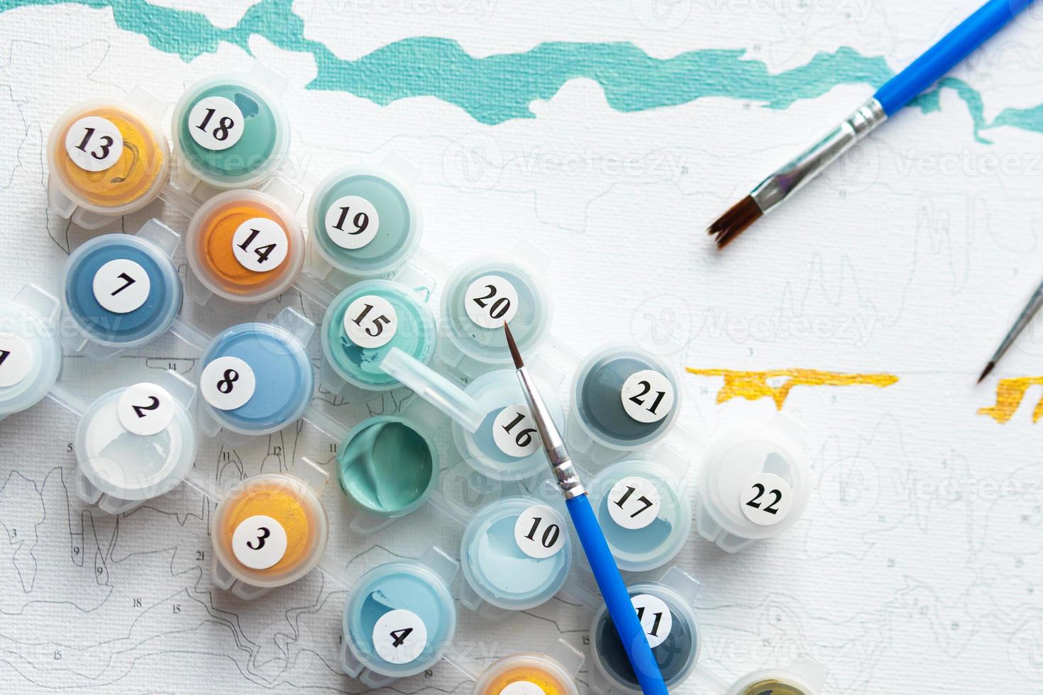 A set of colorful gouache for painting by numbers, drawing on canvas. photo