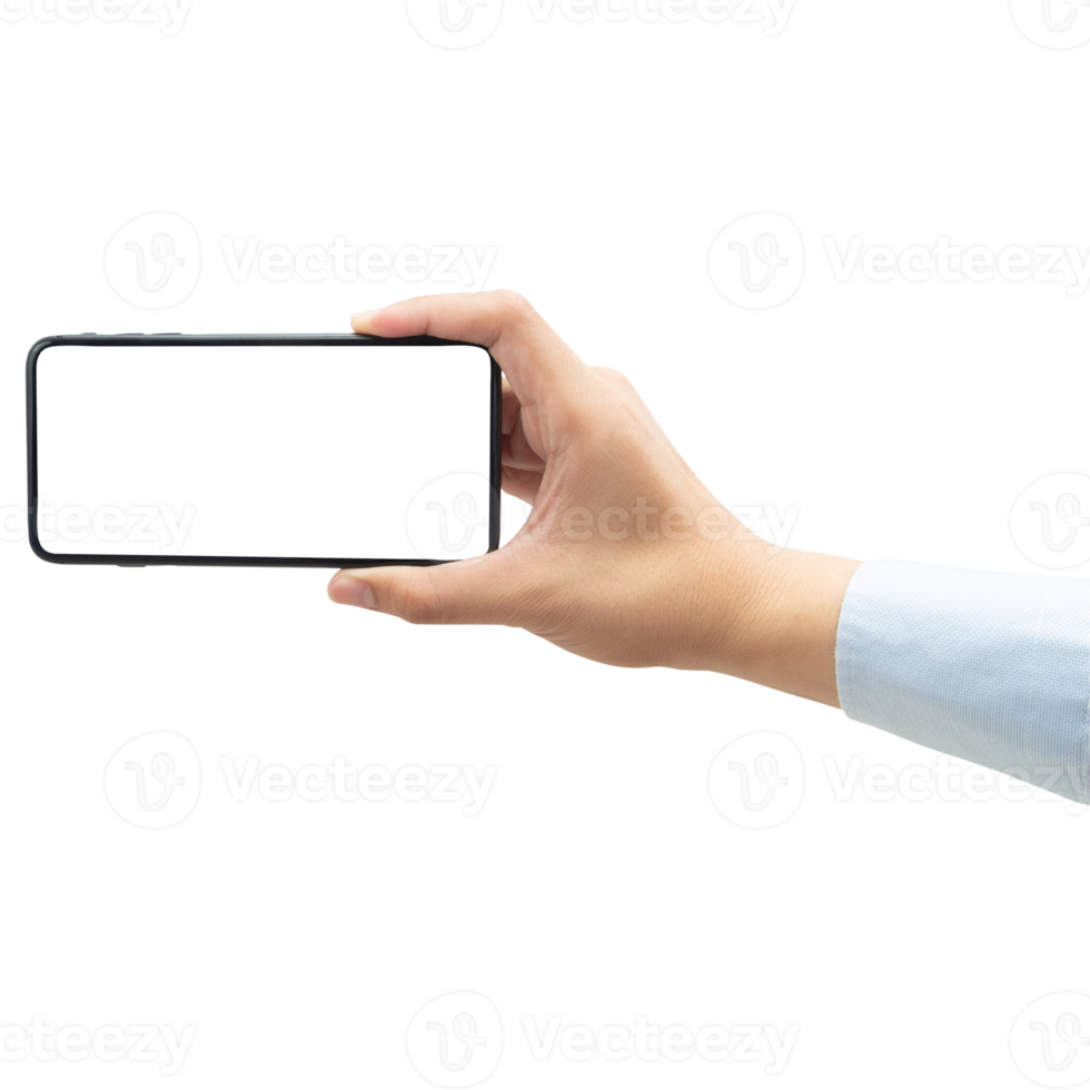 Hand holding phone mockup cutout, Png file