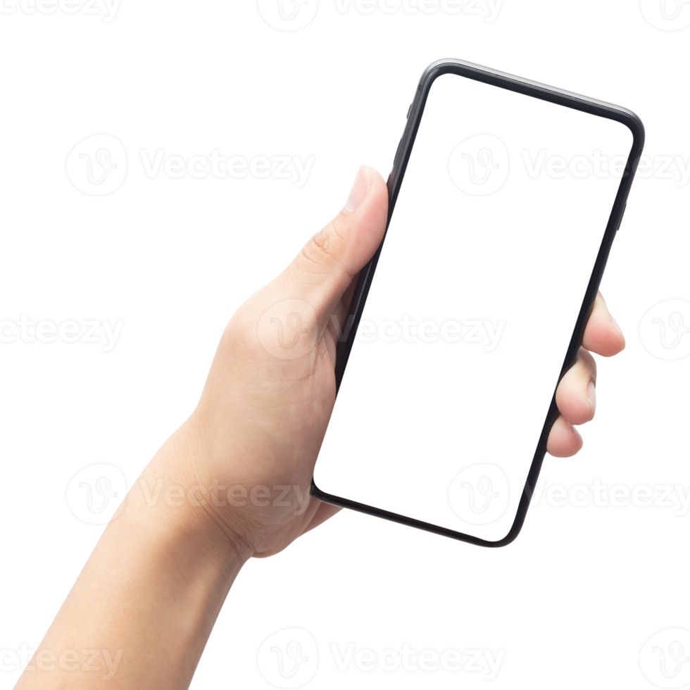 Hand holding phone mockup cutout, Png file