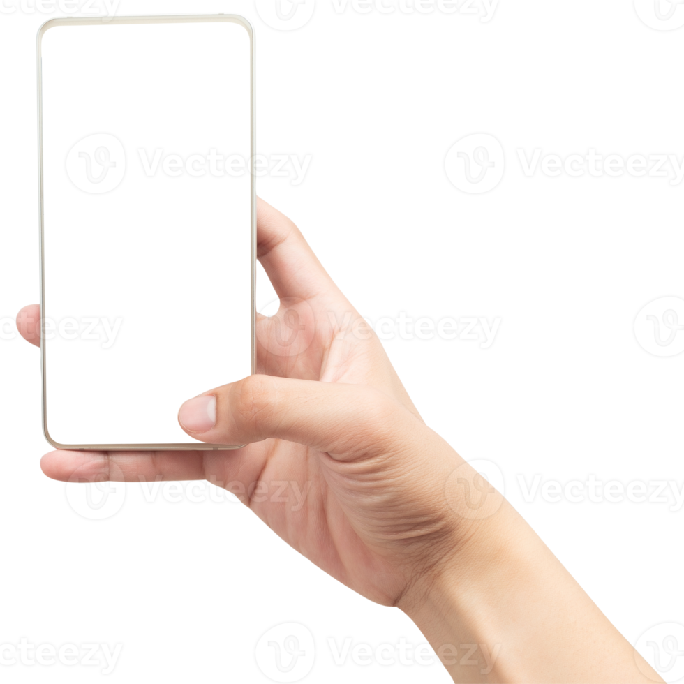 Hand holding phone mockup cutout, Png file