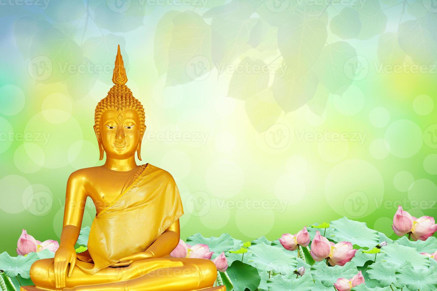 Buddha statue. background blurred flowers and sky with the light of the sun.Makha Bucha Day.Vesak Day.Asanha Bucha.Buddhist Lent. photo