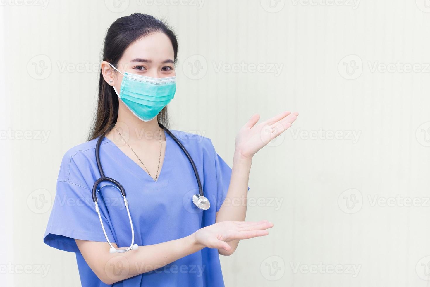 Asian woman wears medical Blue clothing and medical face mask to protect Coronavirus disease 2019 Covid 19 outbreak while shows her hand to suggest something on white background. photo