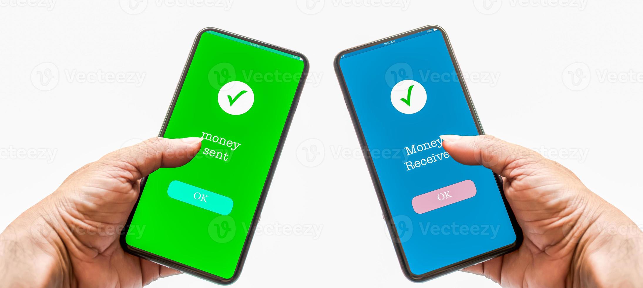 A person's hand holds a smartphone on screen with message money sent and received. Concept of financial transactions with mobile devices. Closeup, payment, money, transfer, shopping. White background photo