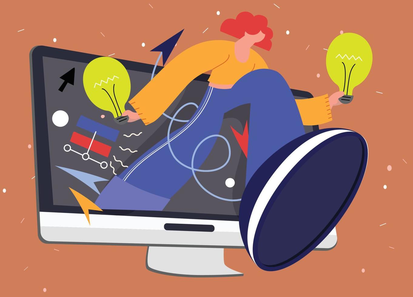 Happy man gets idea on the Internet. Get creative from researching on the internet vector