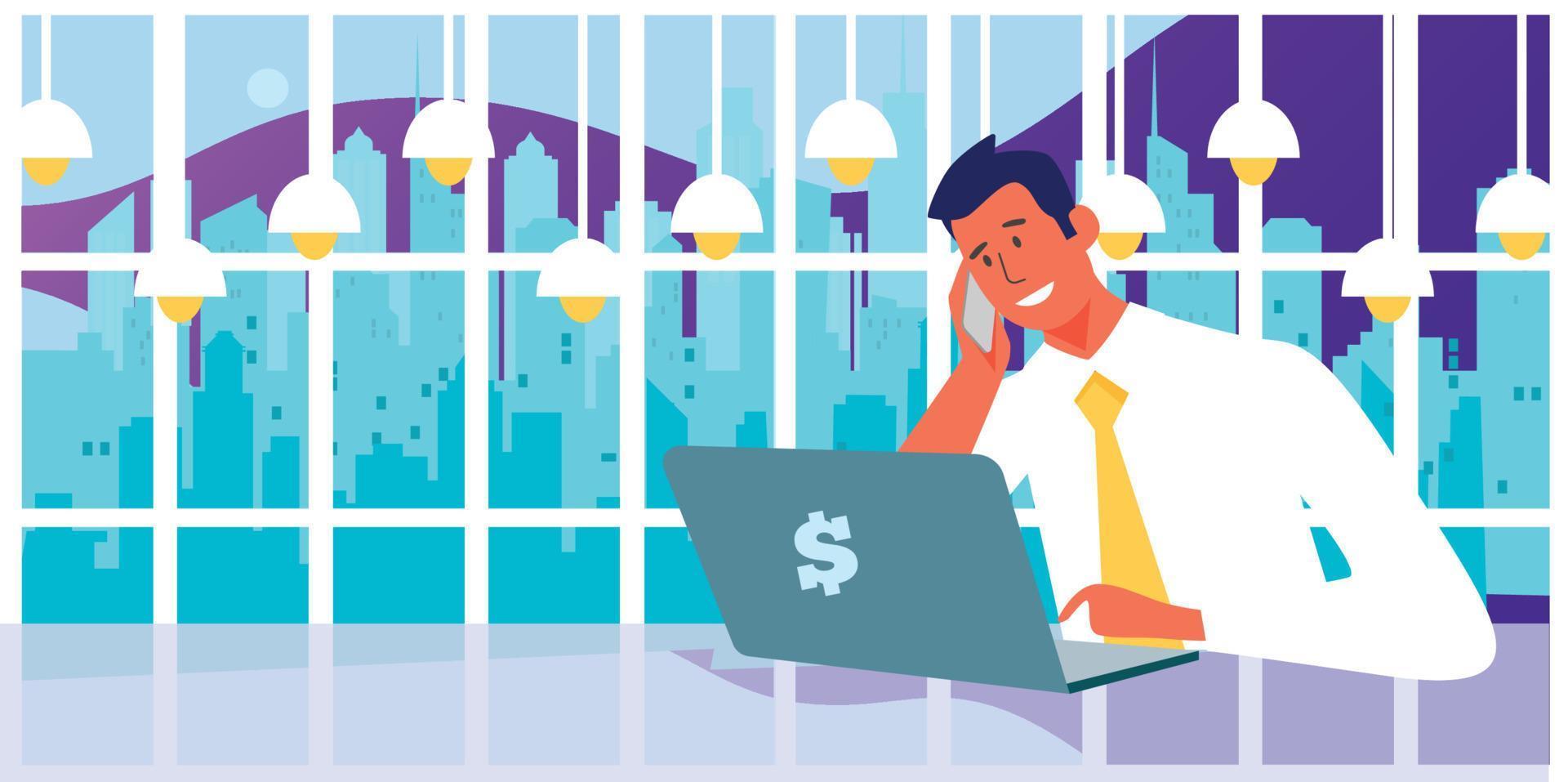 Successful smiling happy businessman character talking on phone. Vector flat cartoon illustration