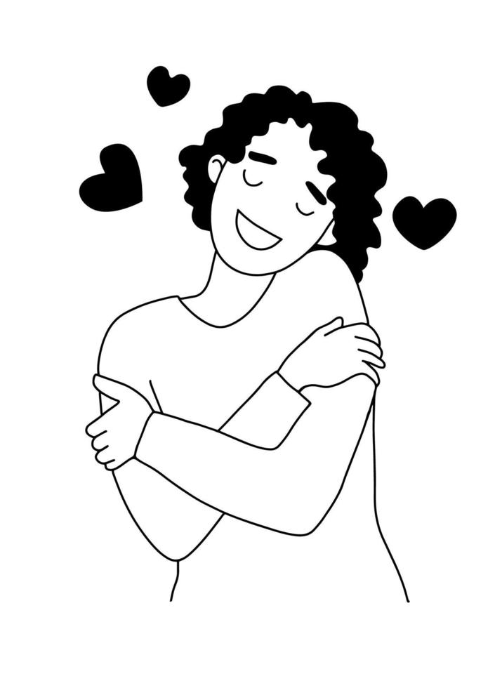 ámate a ti mismo. se abraza a sí mismo, concepto de amor por sí mismo. estilo de dibujo de línea vector