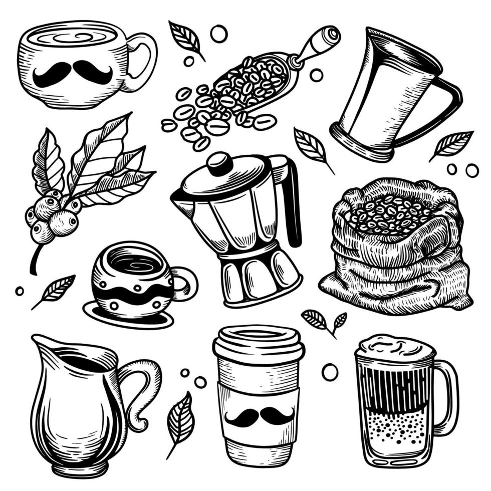 Hand drawn coffee drink and Coffee beans sketch set background vector