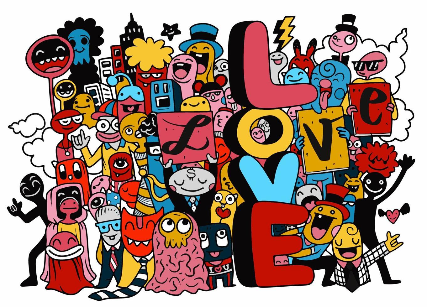 happy young people holding letters love. cute Monster isolated on background vector