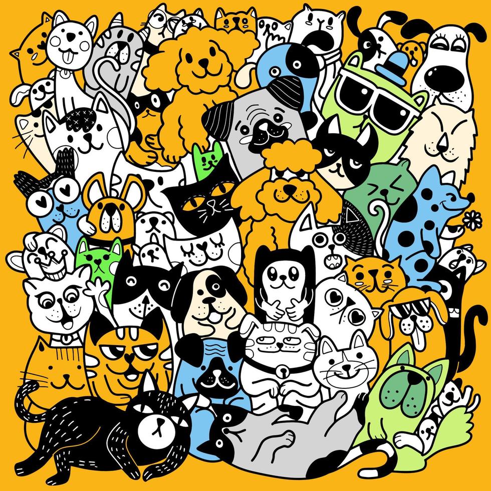 Animals. Cats and Dogs Vector pattern. Hand Drawn Doodles Pets