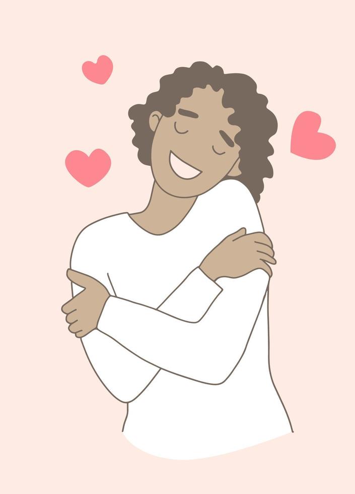 Love yourself. hugs yourself ,Love concept by yourself. Line doodle style. cute soft colors. vector