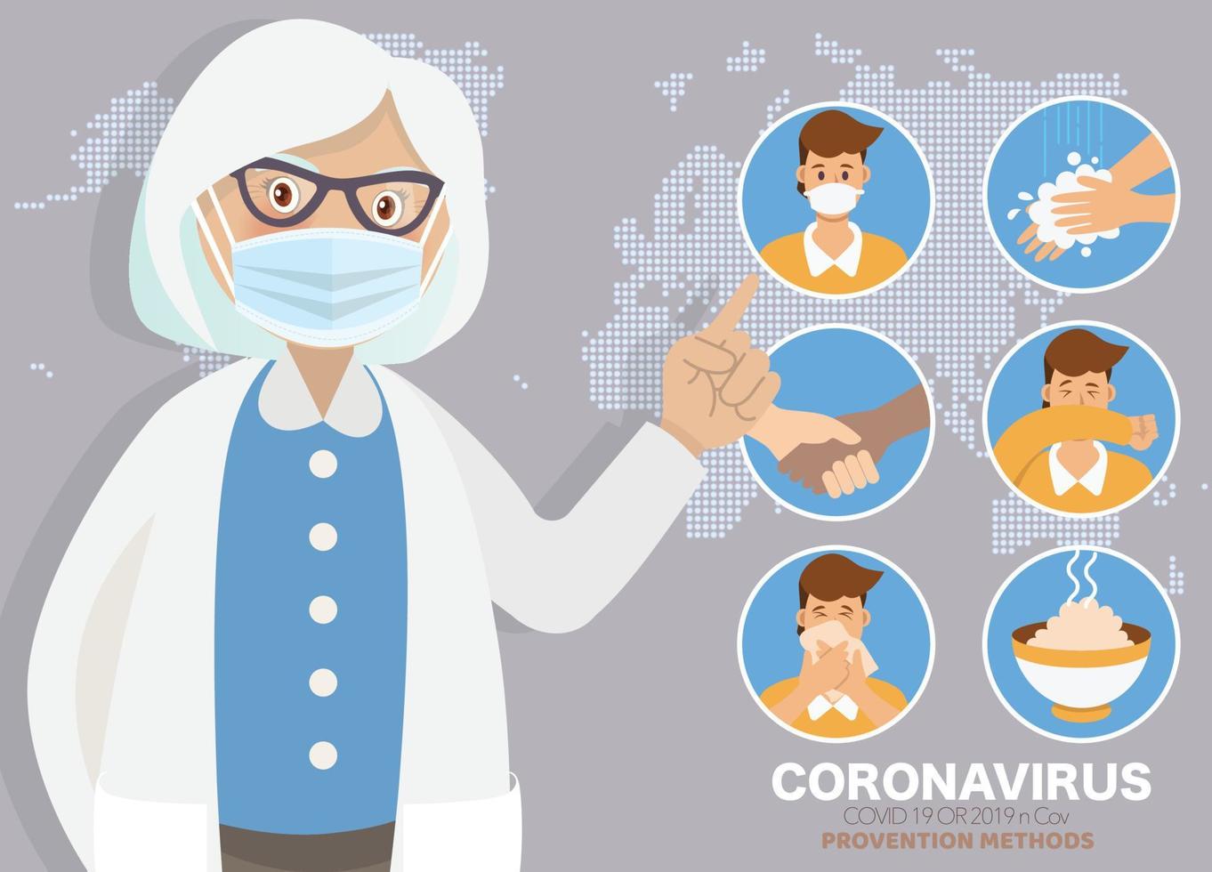 Coronavirus preventions. Woman Doctor explain Infographics, wear face mask, wash hands,eat hot foods and avoid going risk places. Vector illustration. Idea for coronavirus outbreak and preventions.