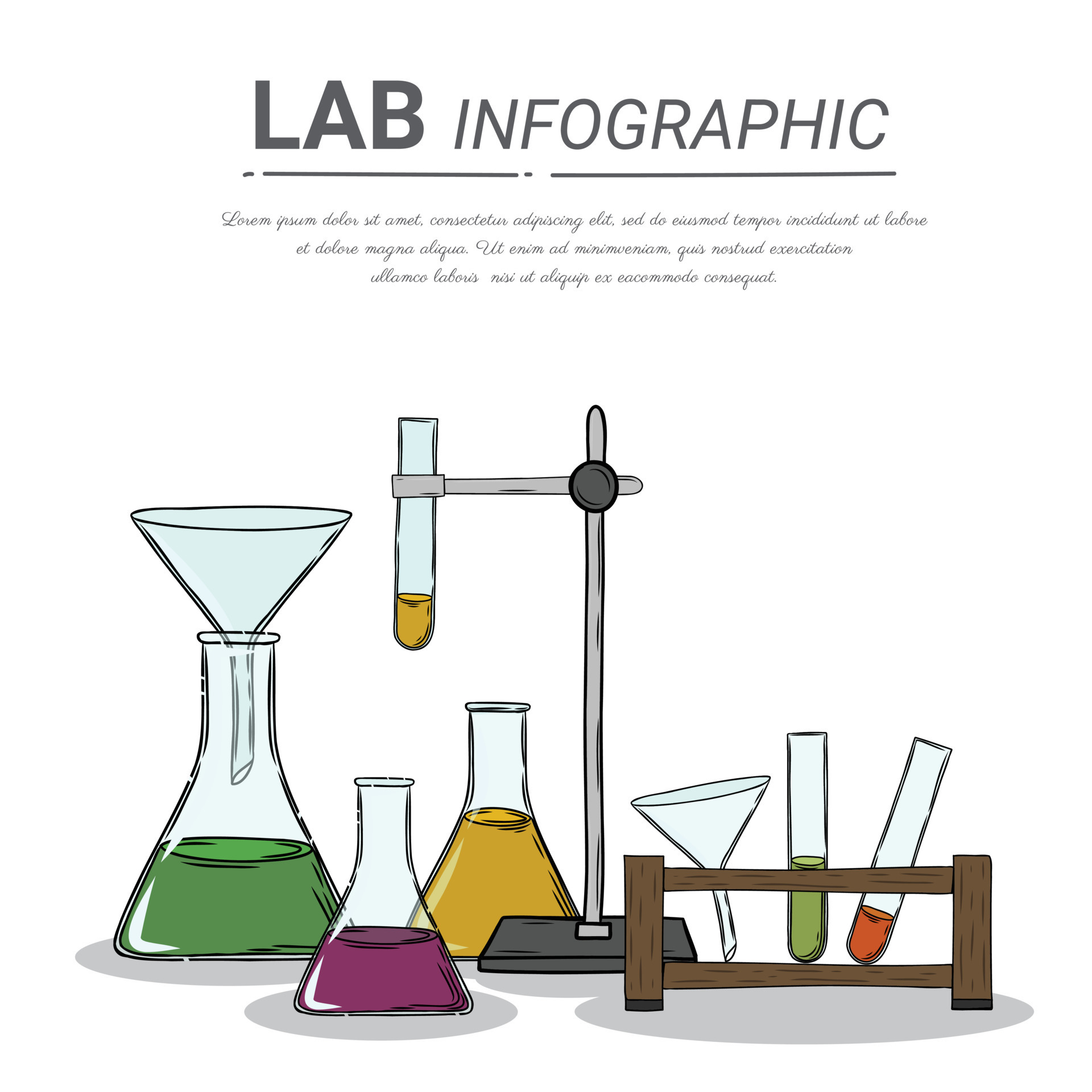 Lab worker table computer chemical research process. 8539693 Vector Art