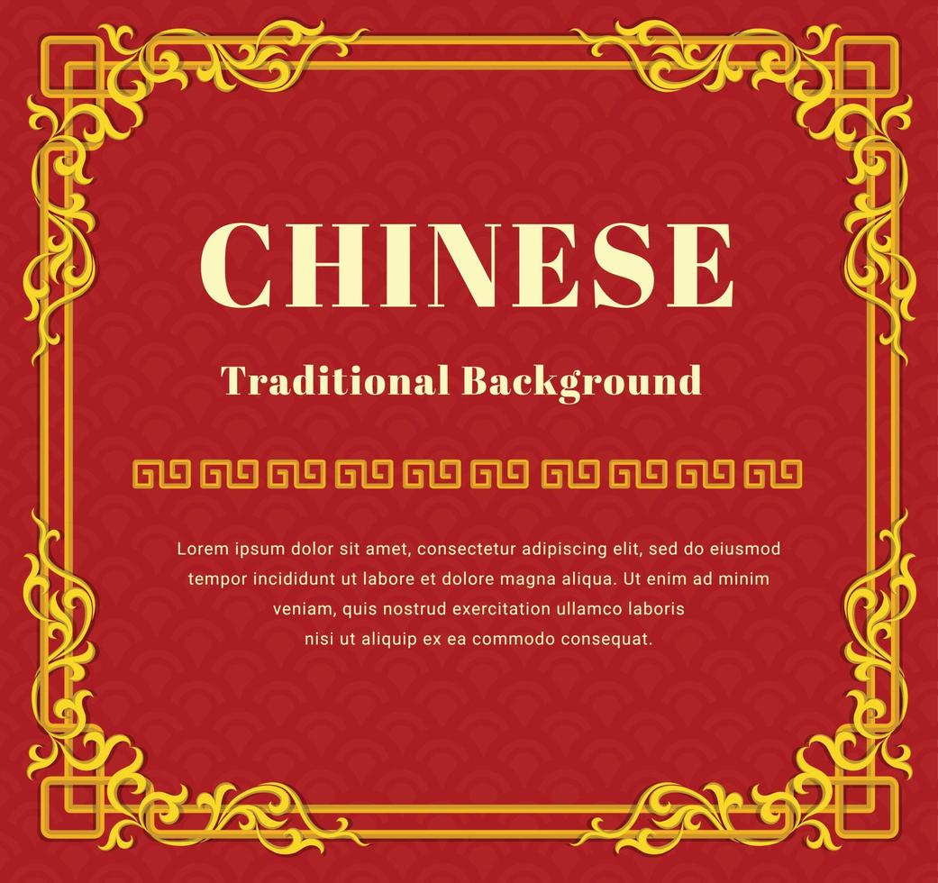 Chinese gold pattern with oriental asian elements on red color background and gold frame. vector