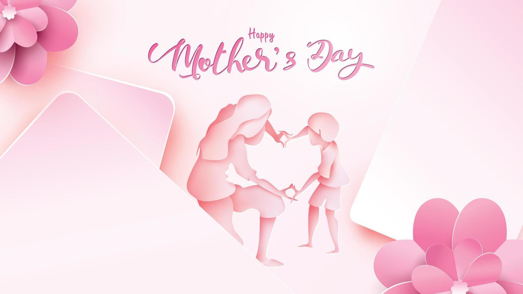 Happy mother's day greeting card. Paper cut style little boy congratulates mom with dancing and hands showing heart shape symbol in pink background. Vector illustration. Copy space for text. - Vector