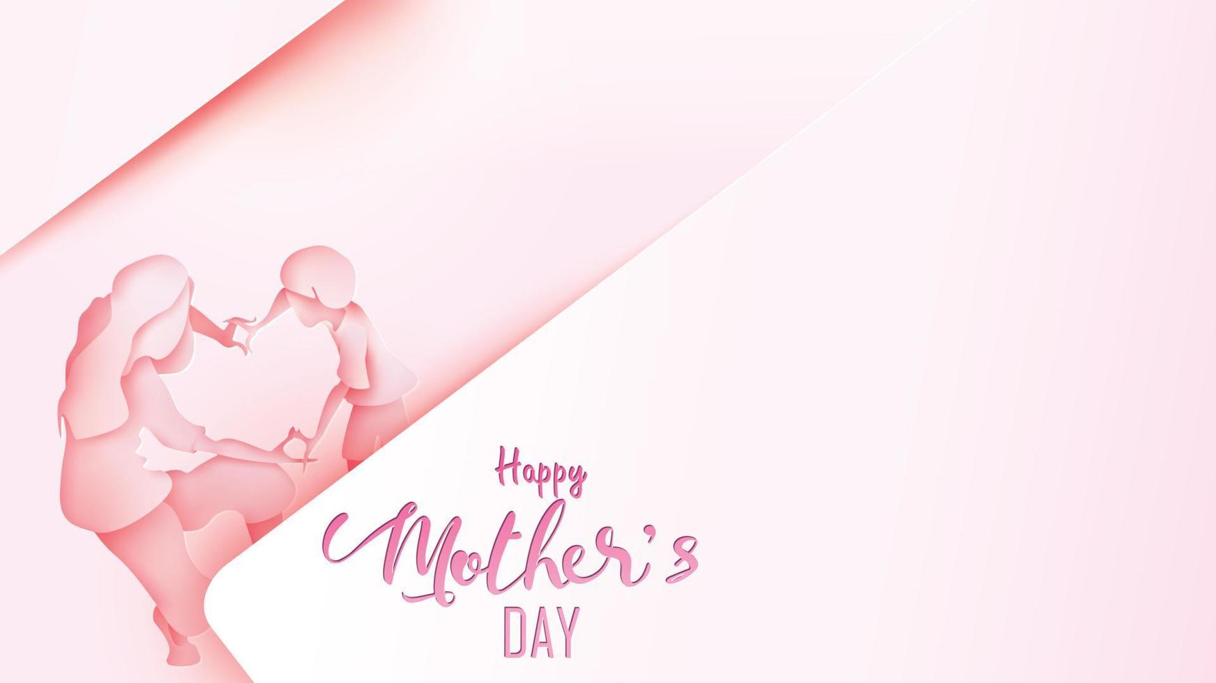 feliz tarjeta de felicitación del día de la madre. un niño con estilo de corte de papel felicita a mamá con el baile y las manos mostrando el símbolo de forma de corazón en fondo rosa. ilustración vectorial copie el espacio para el texto. - vectores