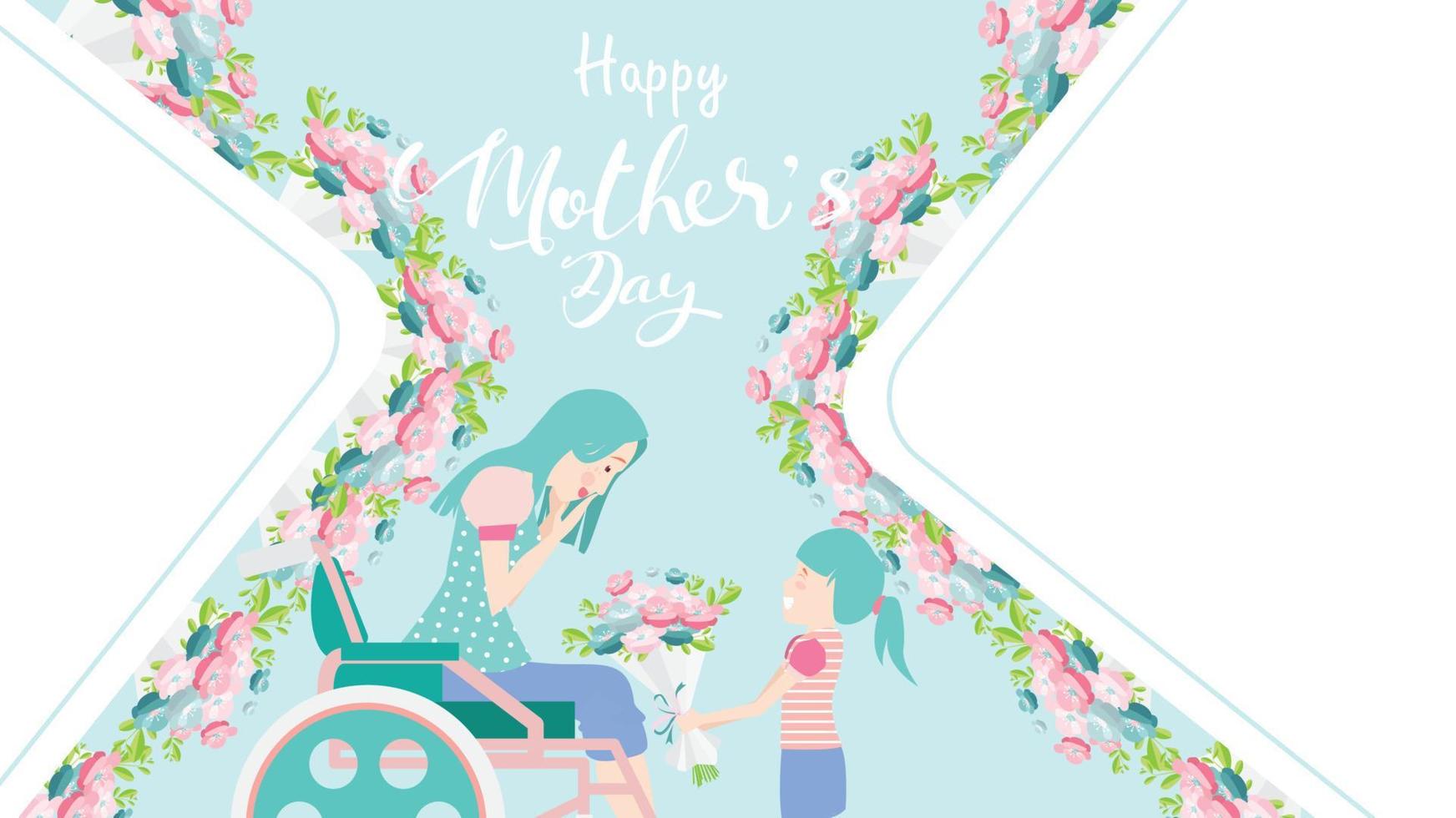 Happy mother's day banner. Child daughter congratulates disabled mum in wheelchair and gives her flowers tulips. Colorful vector illustration flat design style. Copy space for text. - vector
