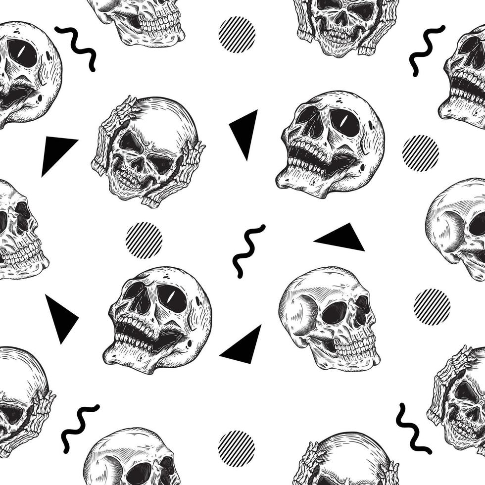 scary man head skull seamless pattern black object wallpaper on white. vector