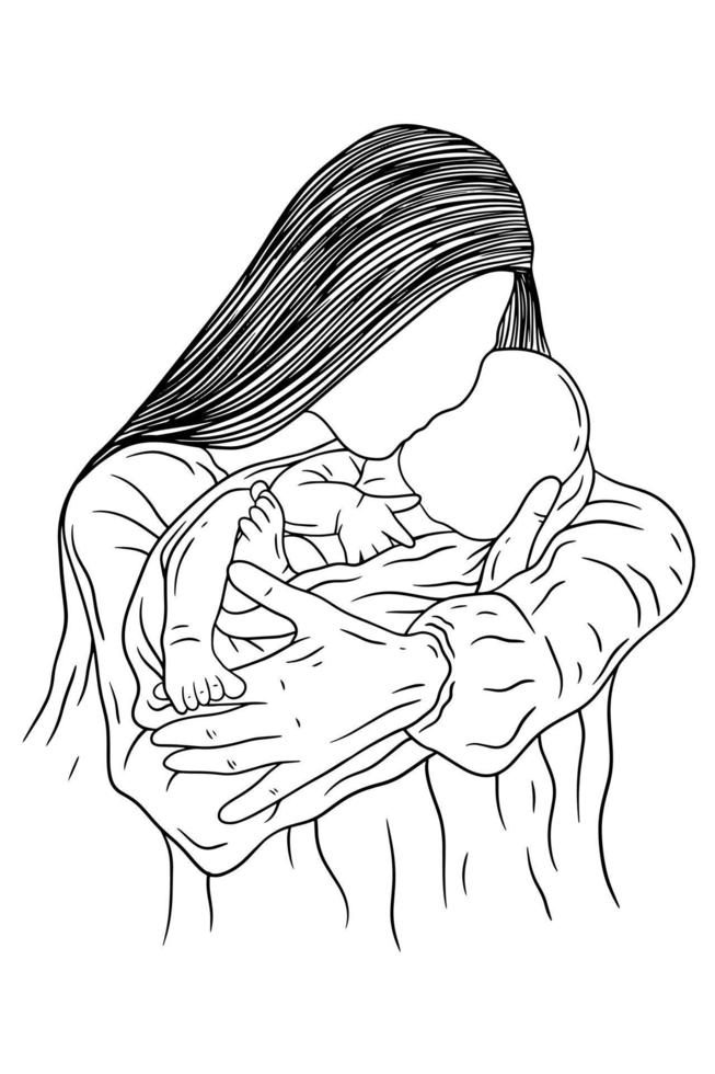 Happy family mother and baby born cute baby girl and child parent women power  mama baby birth line art hand drawn style 8541249 Vector Art at Vecteezy