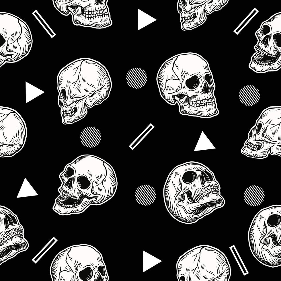 Fondo de pantalla de objeto blanco de patrón sin costuras de calavera de cabeza blanca aterradora en negro. vector