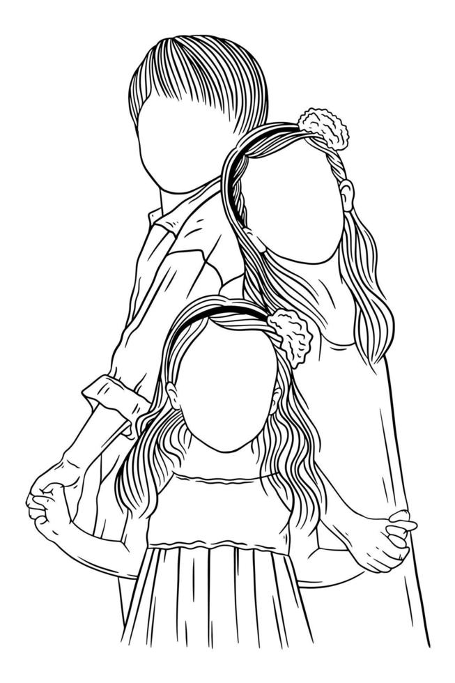 Happy family brother and sister sibling daughter and son love kids friends baby children young kids line art hand drawn style vector