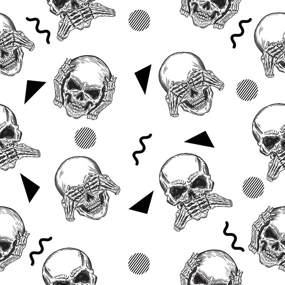 scary man head skull seamless pattern black object wallpaper on white. vector