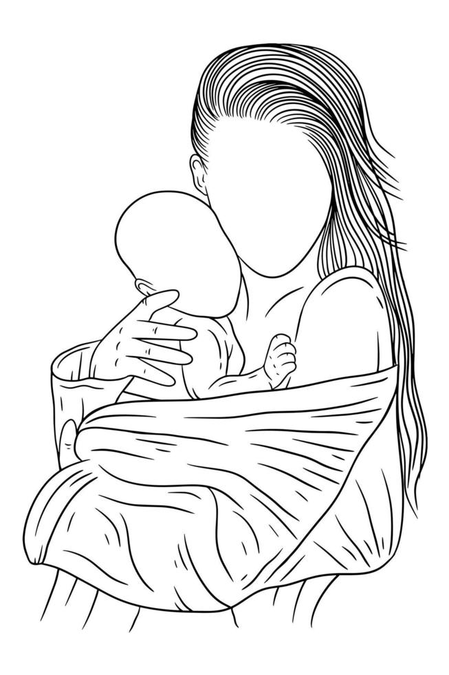 Happy family mother and baby born cute baby girl and child parent women power mama baby birth line art hand drawn style vector