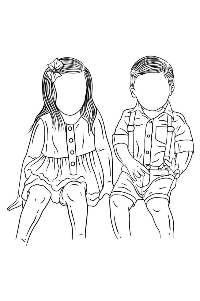 Happy family brother and sister sibling daughter and son love kids friends baby children young kids line art hand drawn style vector