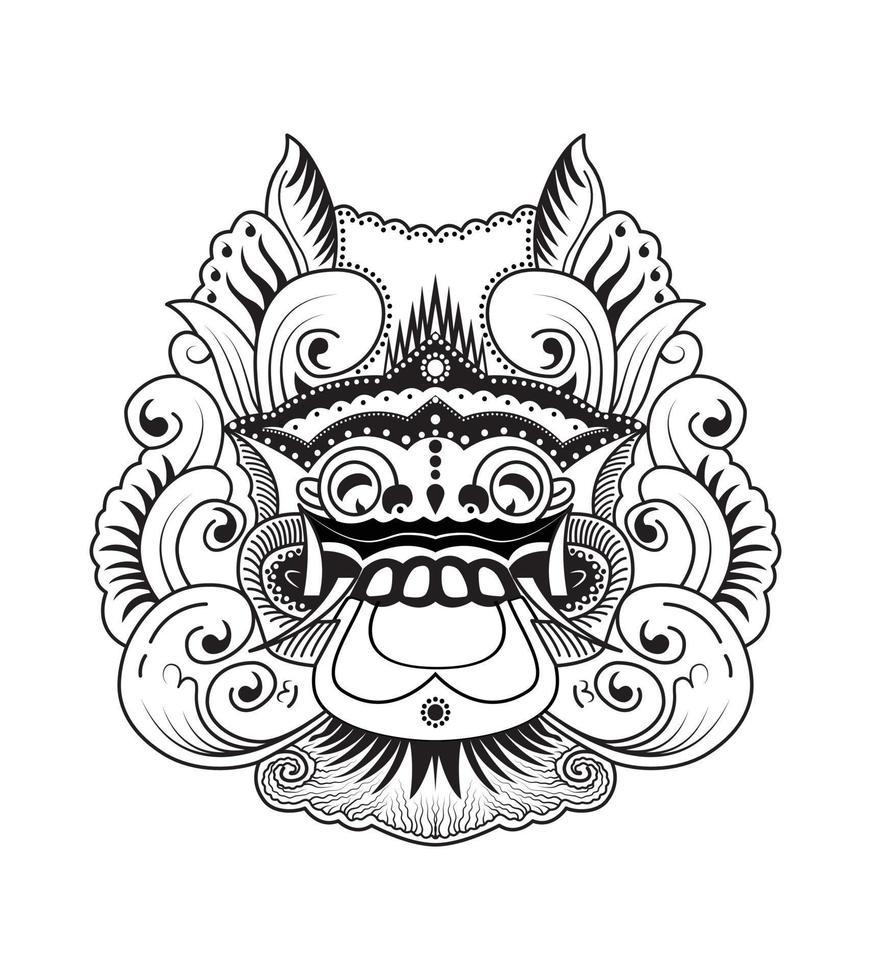 Balinese traditional culture ritual mask. Hindu ethnic spiritual symbol. Vector outline design isolated for tattoo, t-shirt, textiles
