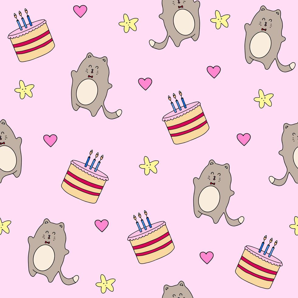 Pattern with cute kittens cake candles birthday pattern vector