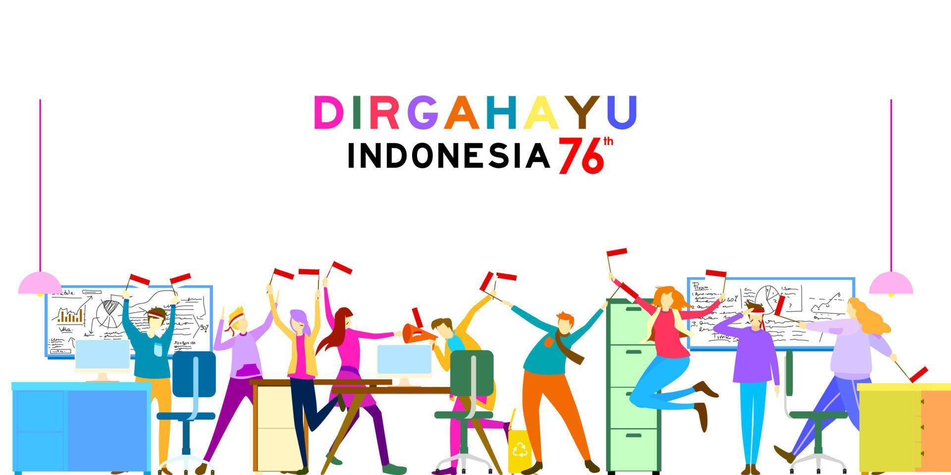 Indonesia independence day greeting card with spirit young people concept illustration. 76 tahun kemerdekaan indonesia translates to 76 years Indonesia independence day. vector