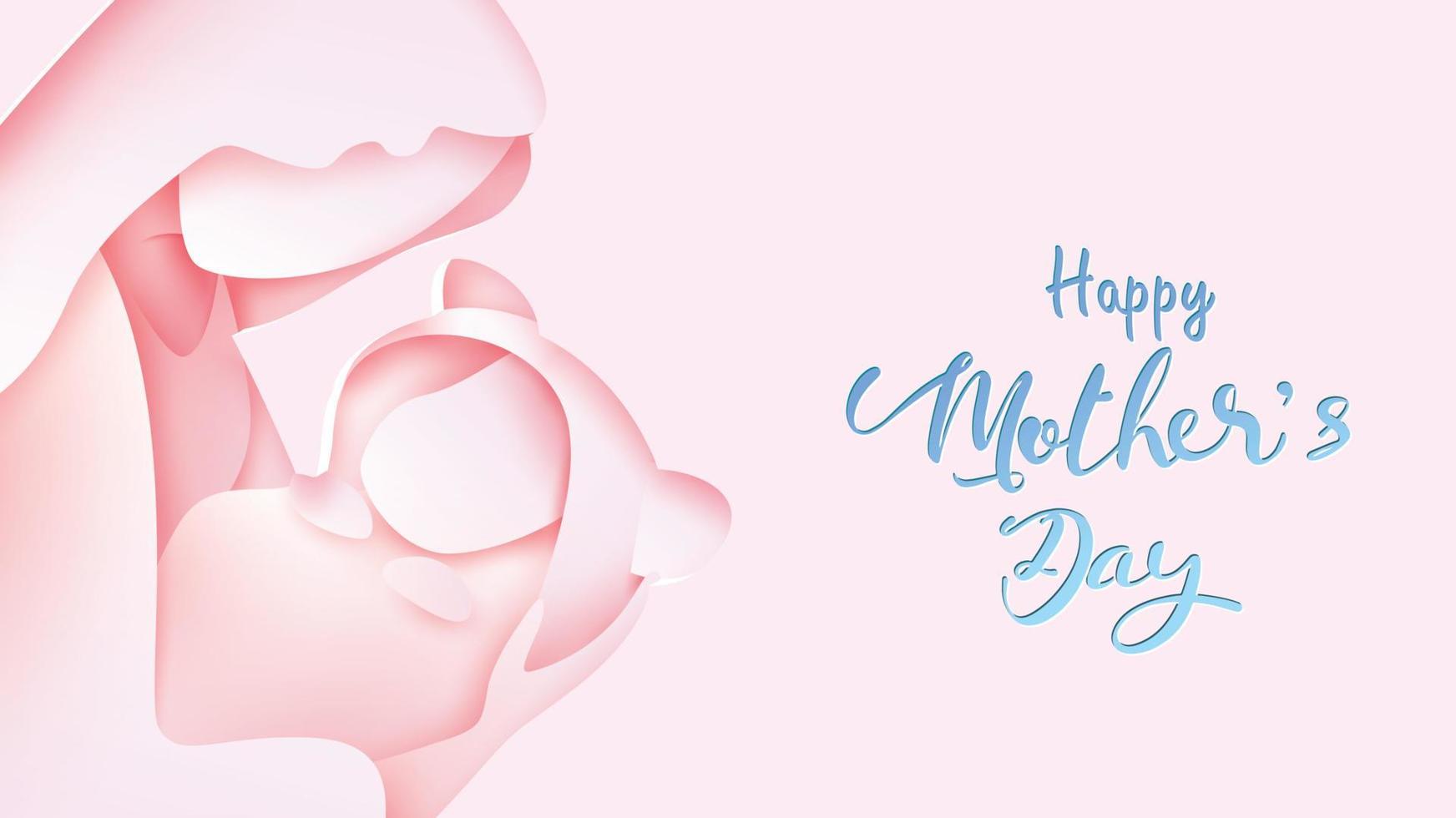 Happy mother's day greeting card. Paper cut style beautiful mom smiling and holding healthy baby with full of happiness in pink background. Vector illustration. Copy space for text banner. - Vector
