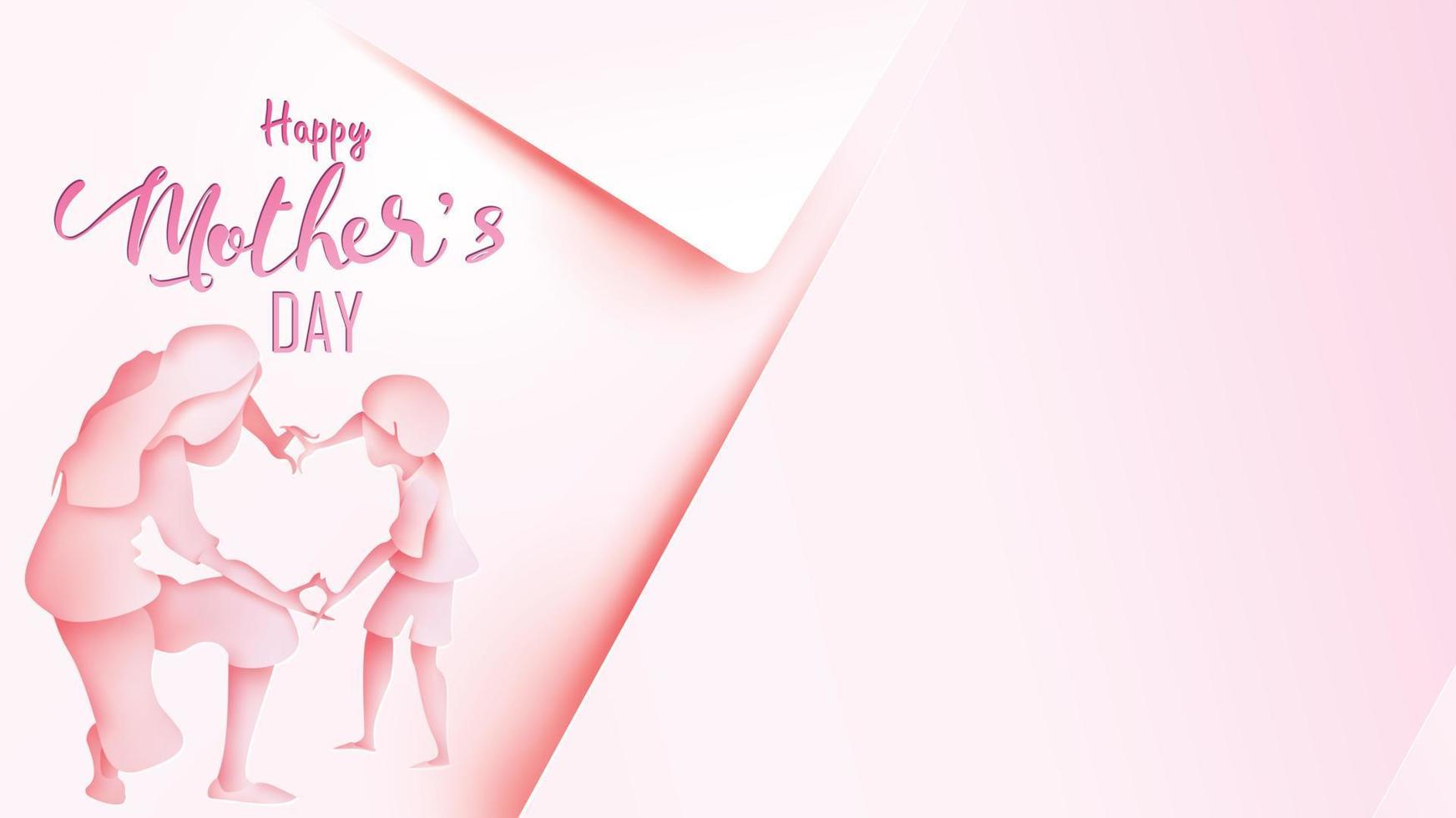 Happy mother's day greeting card. Paper cut style little boy congratulates mom with dancing and hands showing heart shape symbol in pink background. Vector illustration. Copy space for text. - Vector