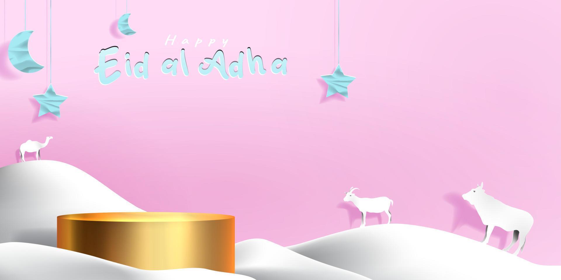 Eid al adha islamic decoration display podium background with goat, camel , cow , moon and star . Product showcase for ramadan kareem, mawlid, eid al fitr, muharram vector