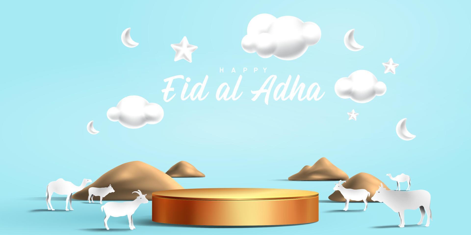 Eid al adha islamic decoration display podium background with goat, camel , cow , moon and star . Product showcase for ramadan kareem, mawlid, eid al fitr, muharram vector