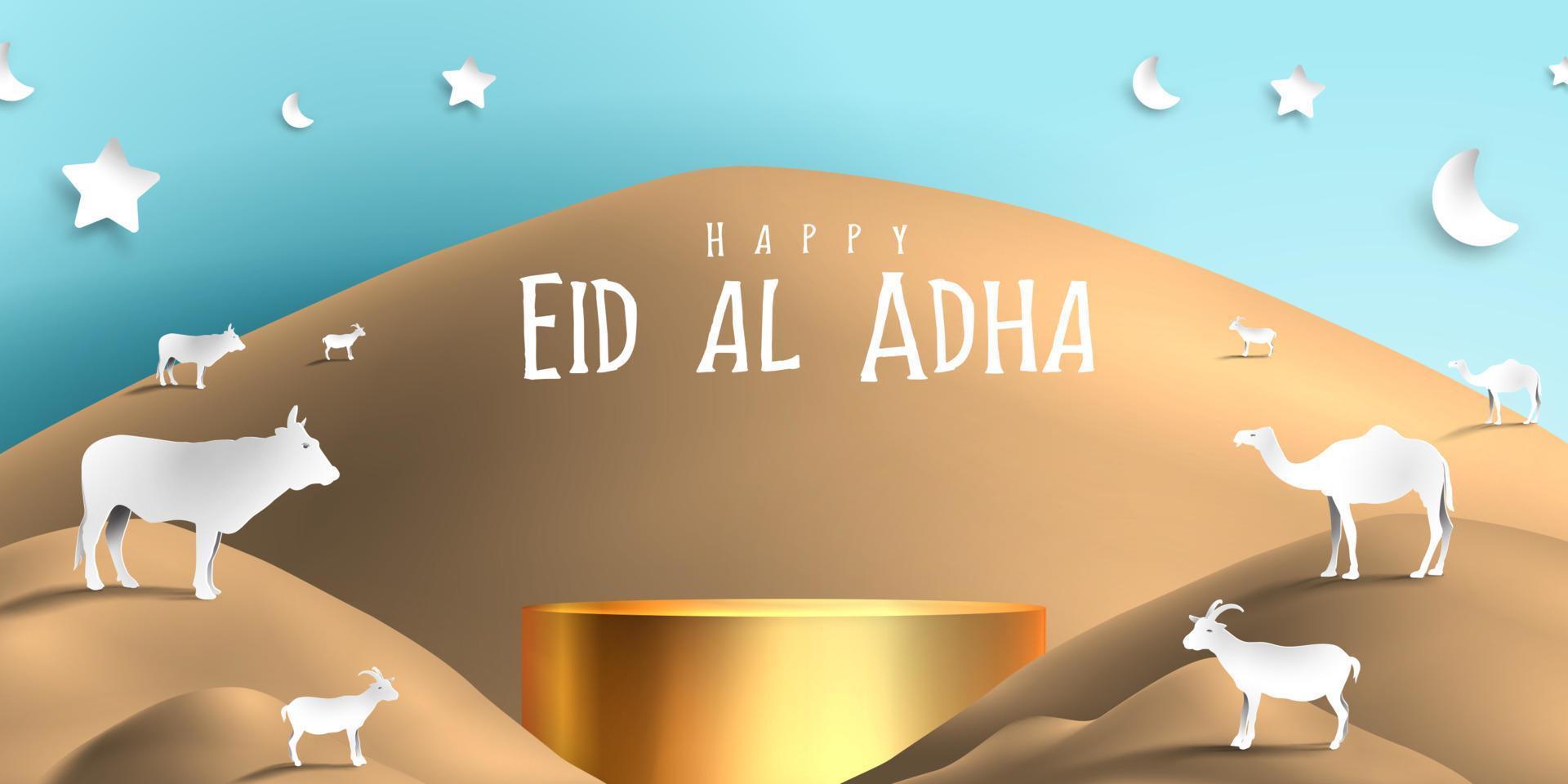 Eid al adha islamic decoration display podium background with goat, camel , cow , moon and star . Product showcase for ramadan kareem, mawlid, eid al fitr, muharram vector