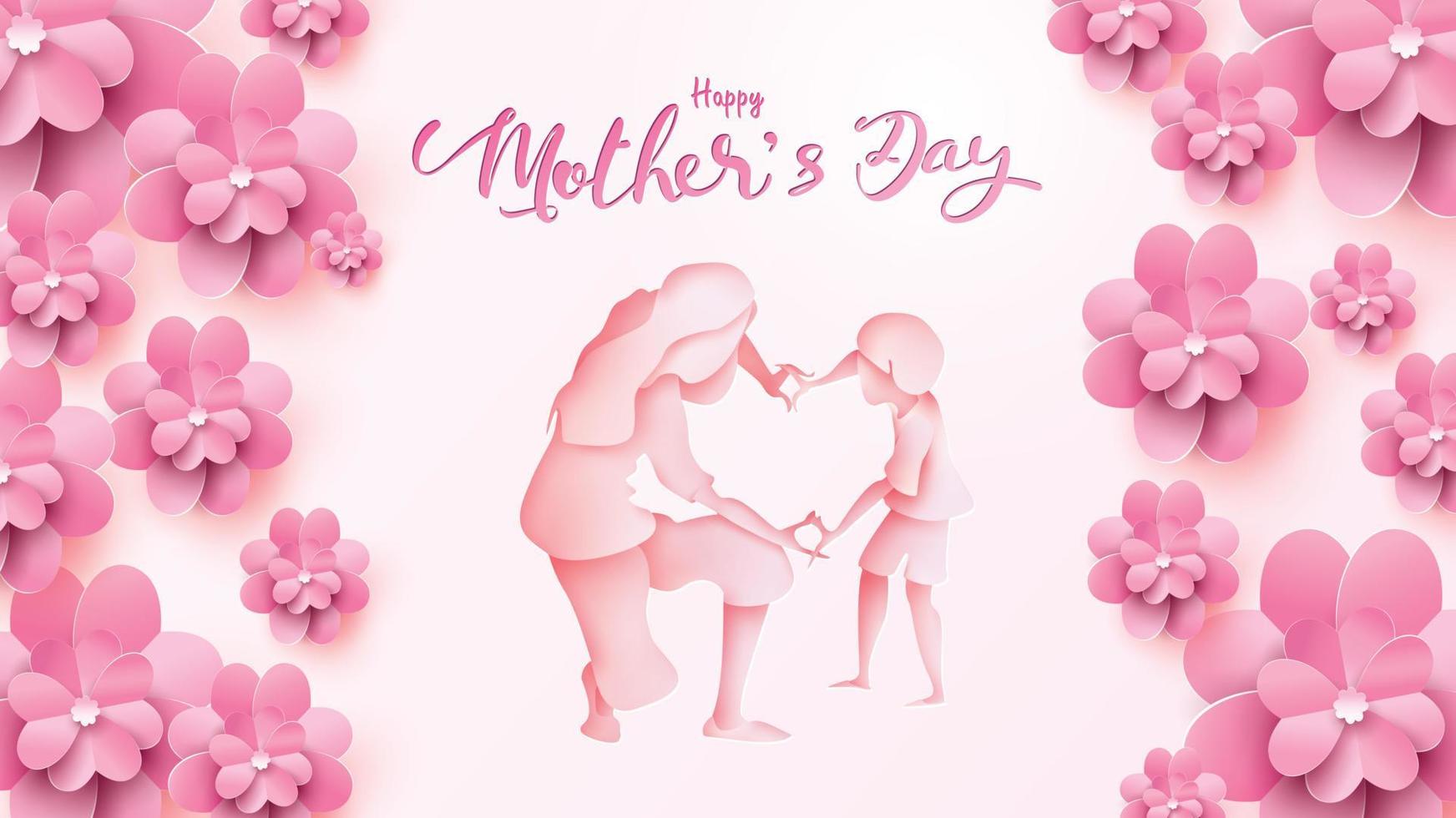 Happy Mother's day greeting card. Paper cut style little boy congratulates mom with dancing, playing, and hands showing heart shape symbol with flower border. Vector illustration on pink. - Vector