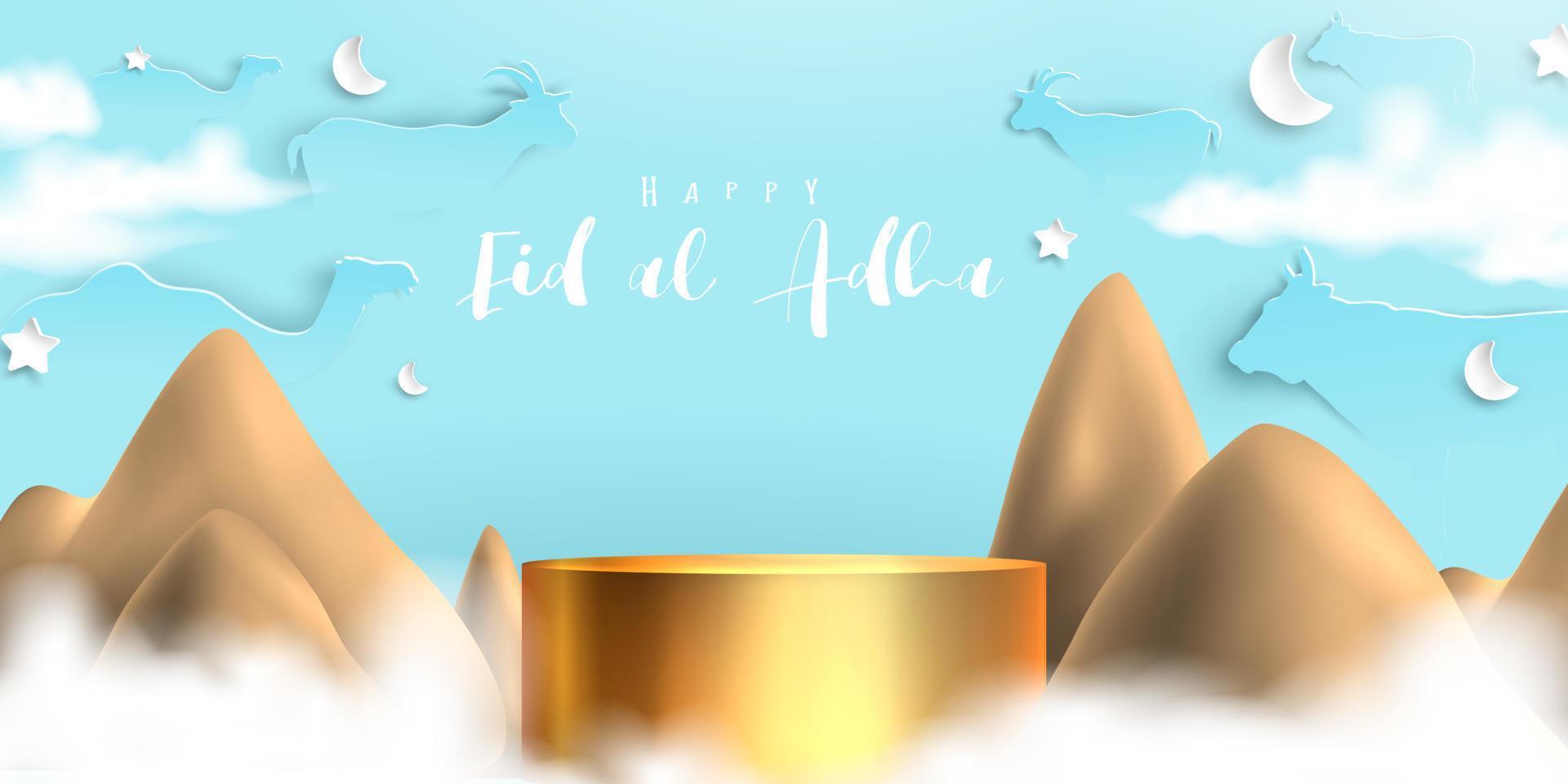 Eid al adha islamic decoration display podium background with goat, camel , cow , moon and star . Product showcase for ramadan kareem, mawlid, eid al fitr, muharram vector