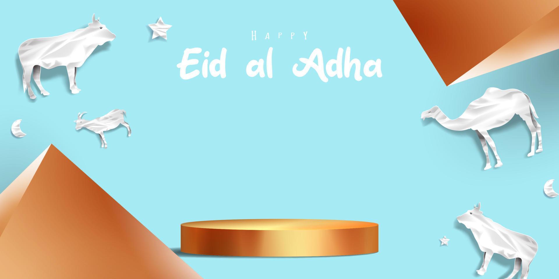 Eid al adha islamic decoration display podium background with goat, camel , cow , moon and star . Product showcase for ramadan kareem, mawlid, eid al fitr, muharram vector