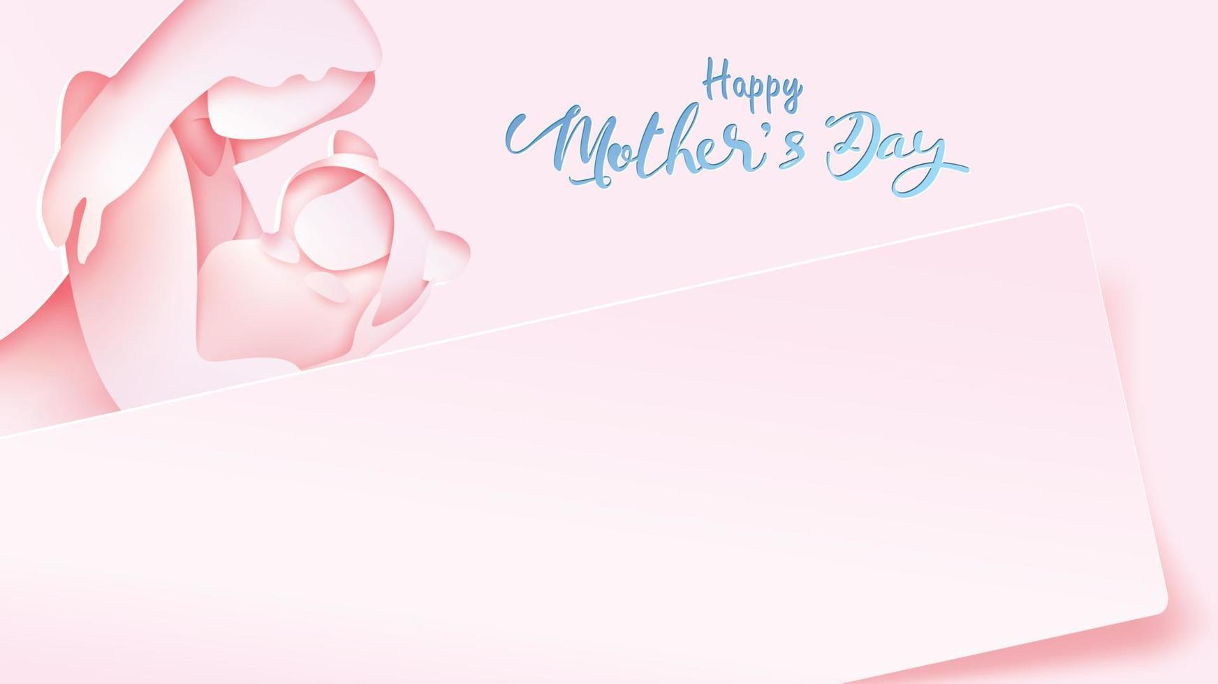 Happy mother's day greeting card. Paper cut style beautiful mom smiling and holding healthy baby with full of happiness in pink background. Vector illustration. Copy space for text banner. - Vector
