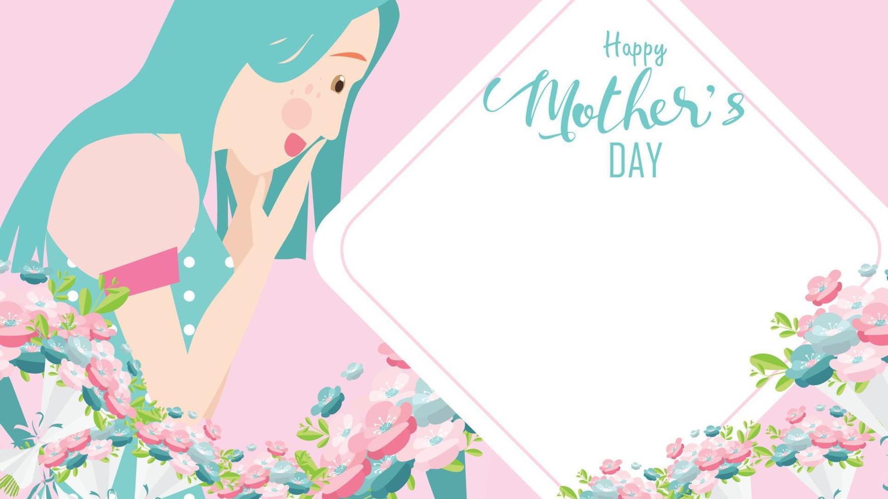 feliz tarjeta de felicitación del día de la madre. Cierra el retrato de una joven hermosa mujer atractiva con flores de tulipán. ramo de primavera. estilo de diseño plano de ilustración vectorial. copie el espacio para el texto. - vectores