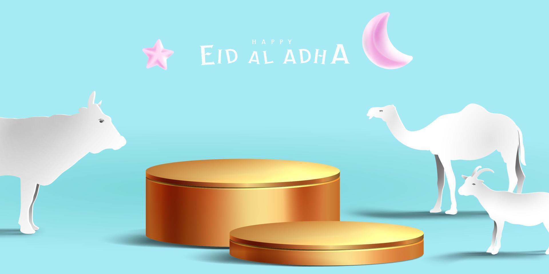 fondo de podio de exhibición de decoración islámica eid al adha con cabra, camello, vaca, luna y estrella. exhibición de productos para ramadan kareem, mawlid, eid al fitr, muharram vector