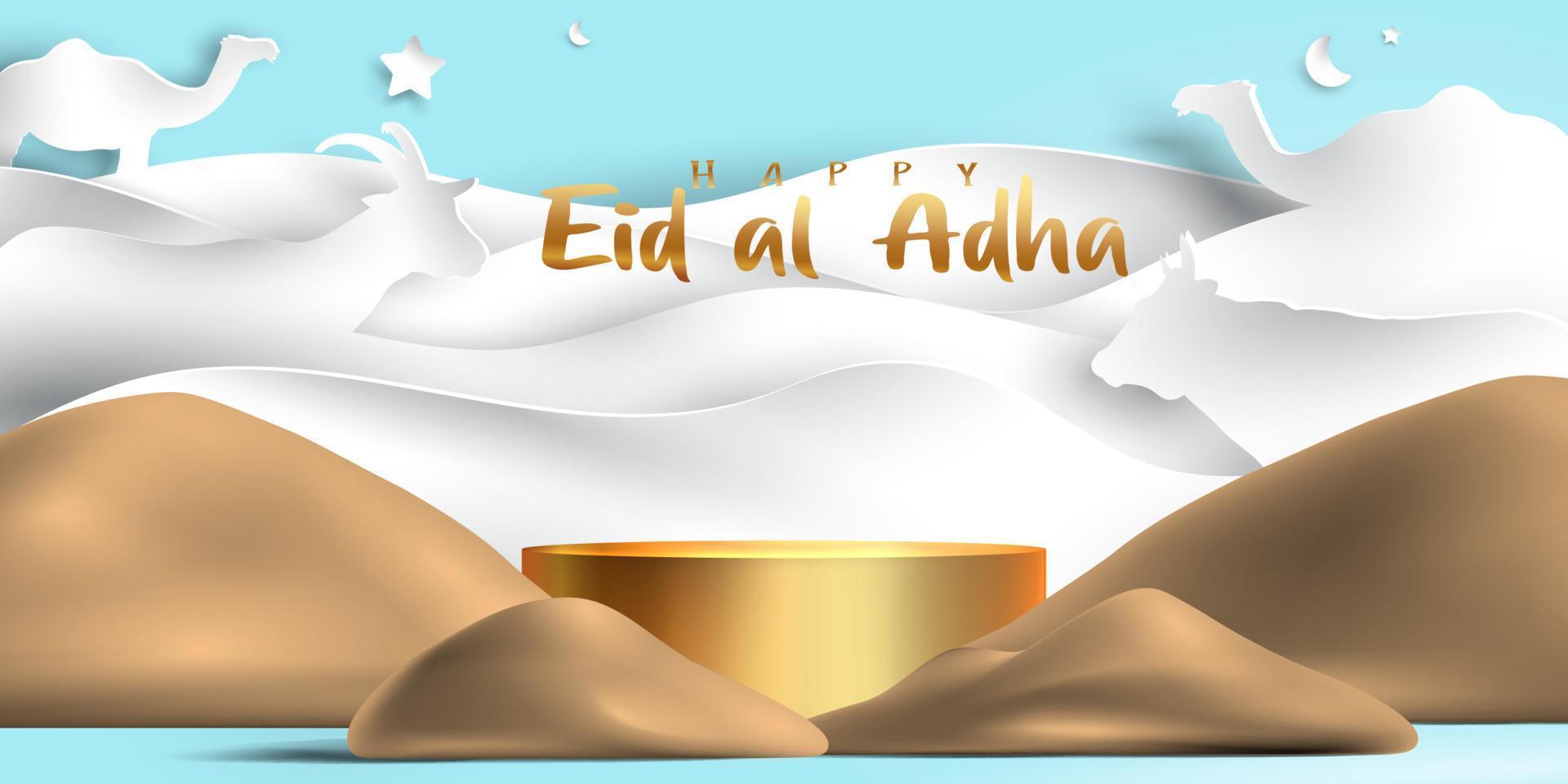 Eid al adha islamic decoration display podium background with goat, camel , cow , moon and star . Product showcase for ramadan kareem, mawlid, eid al fitr, muharram vector
