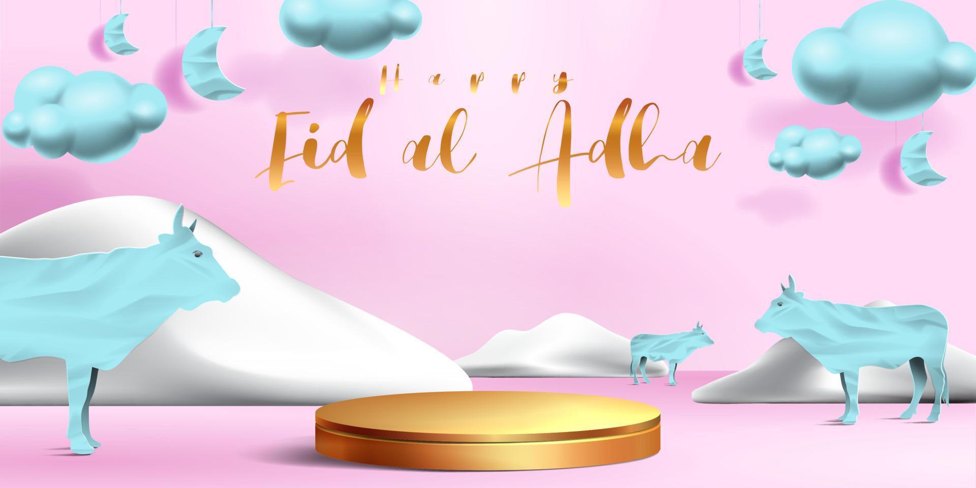 Eid al adha islamic decoration display podium background with goat, camel , cow , moon and star . Product showcase for ramadan kareem, mawlid, eid al fitr, muharram vector