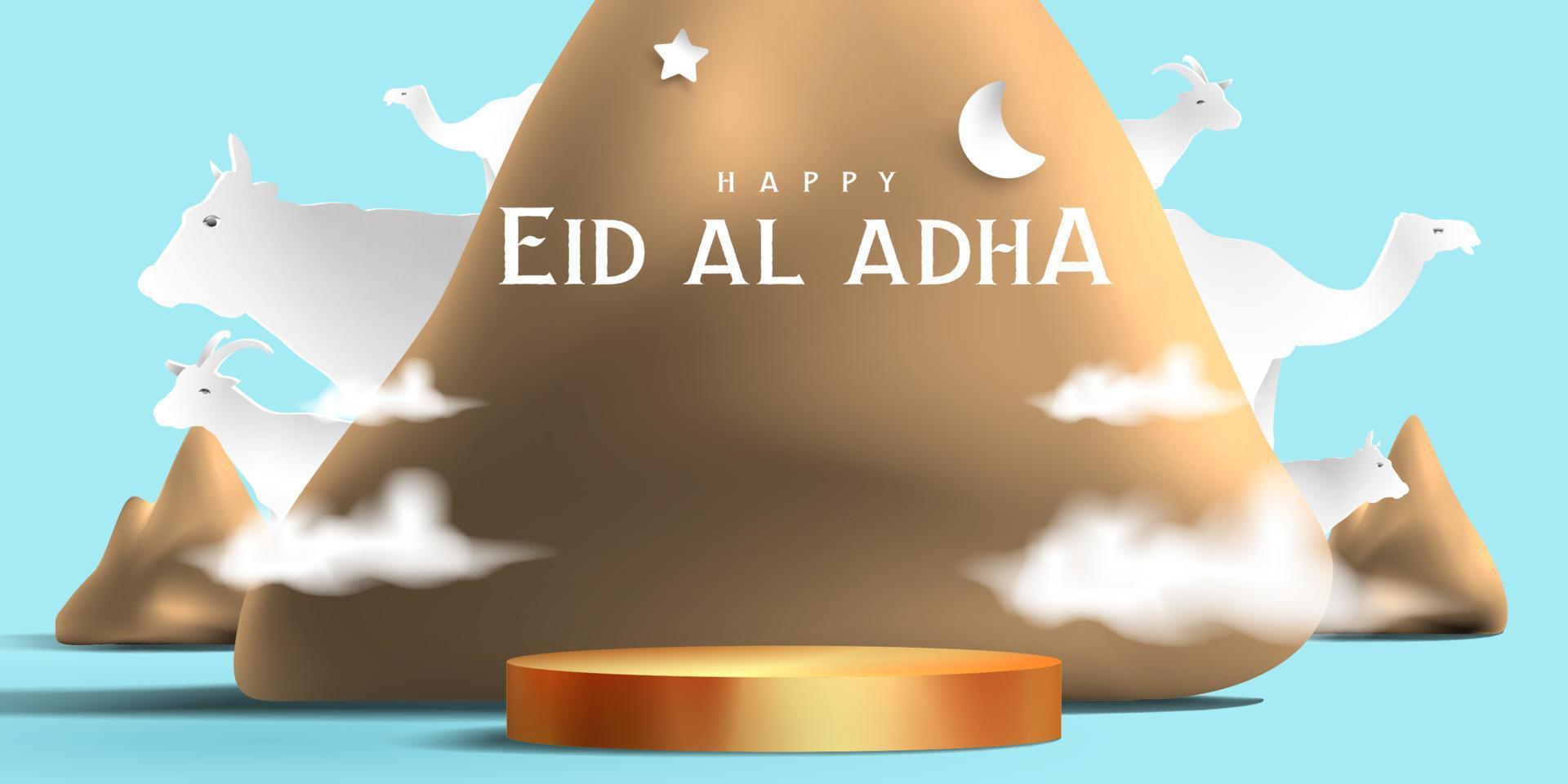 Eid al adha islamic decoration display podium background with goat, camel , cow , moon and star . Product showcase for ramadan kareem, mawlid, eid al fitr, muharram vector