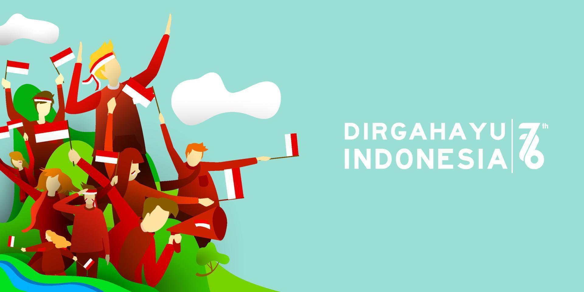 17 de agosto feliz día de la independencia de indonesia tarjeta de felicitación con jóvenes. espíritu de libertad símbolo 76 años indonesia gratis vector
