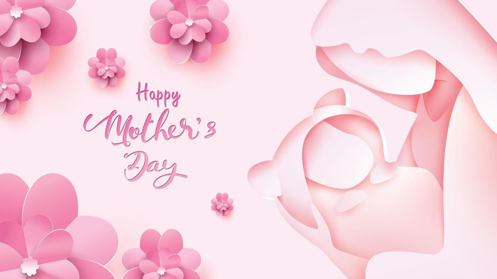 Happy mother's day greeting card. Paper cut style mum smiling and holding healthy baby with happiness in pink background with flowers frame. Vector illustration. Copy space for text. - Vector