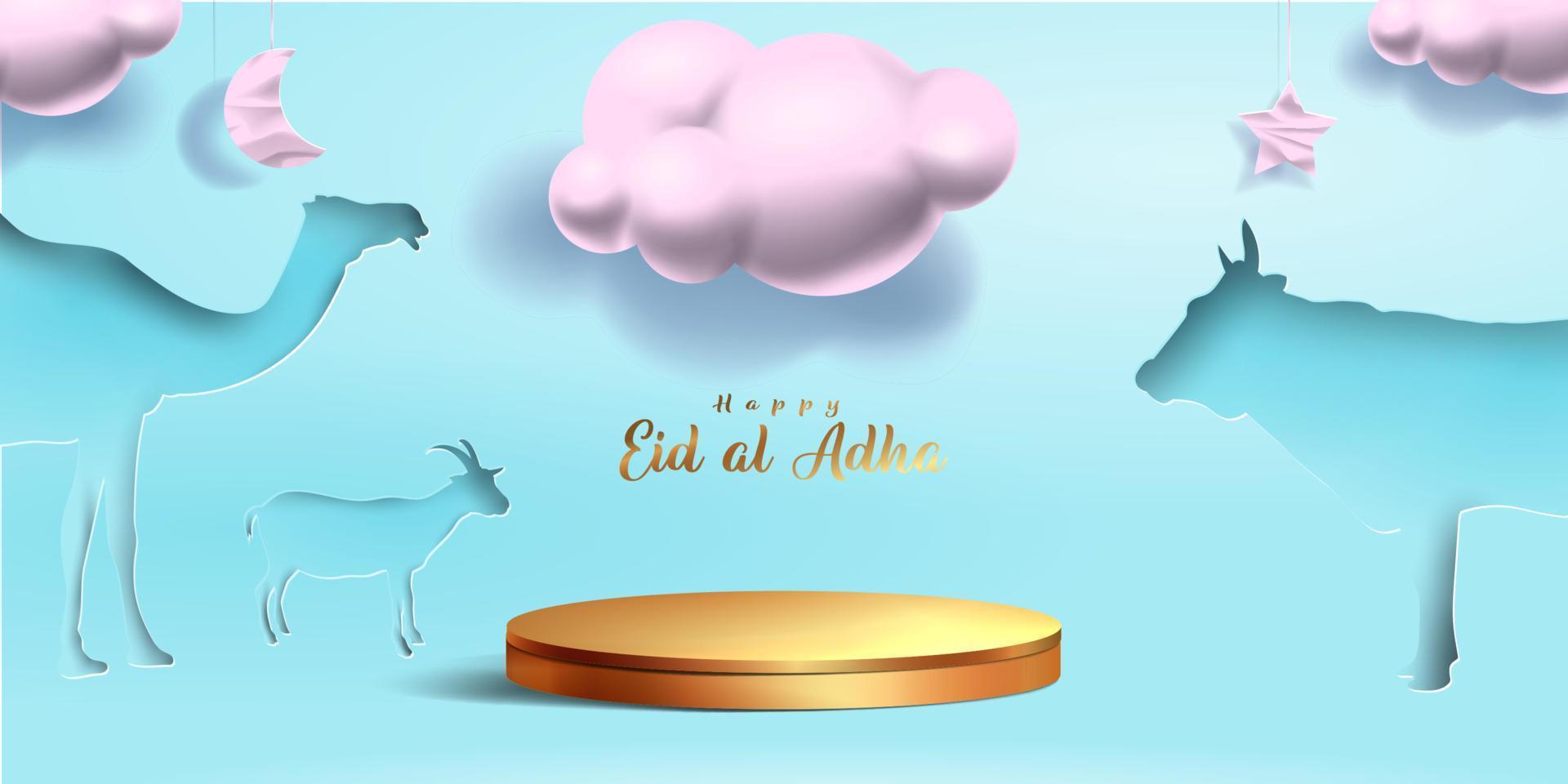 Eid al adha islamic decoration display podium background with goat, camel , cow , moon and star . Product showcase for ramadan kareem, mawlid, eid al fitr, muharram vector