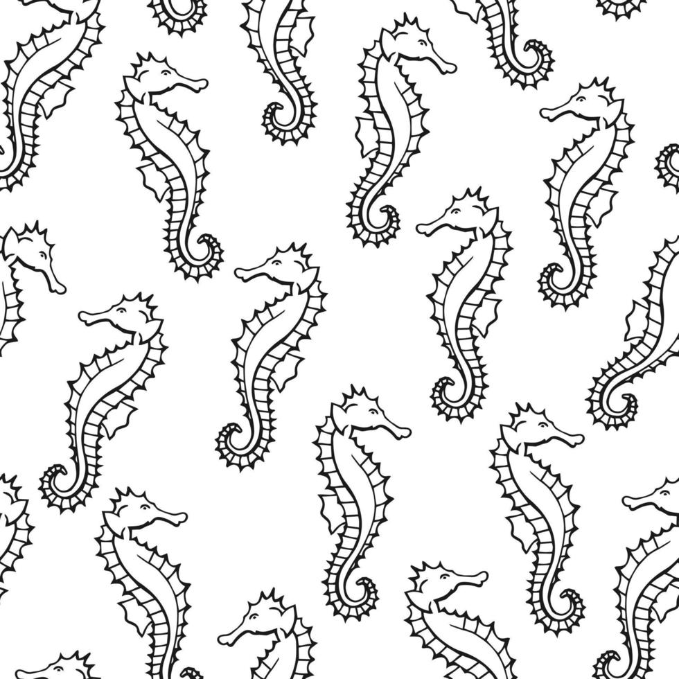 Seamless pattern with seahorse. Marine background.  Hand drawn vector illustration in sketch style.