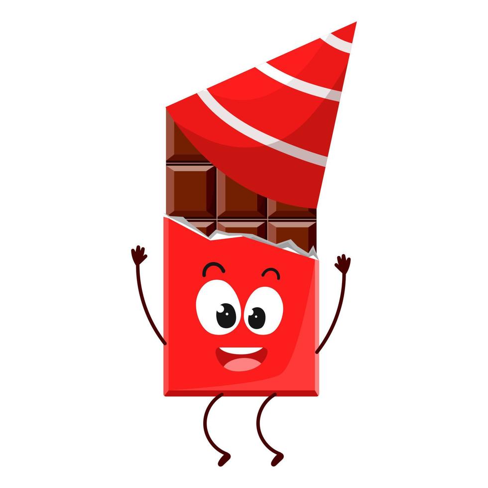 Cute cartoon chocolate bar in a festive hat. Vector character highlighted on a white background for a mascot, books, postcards and more.